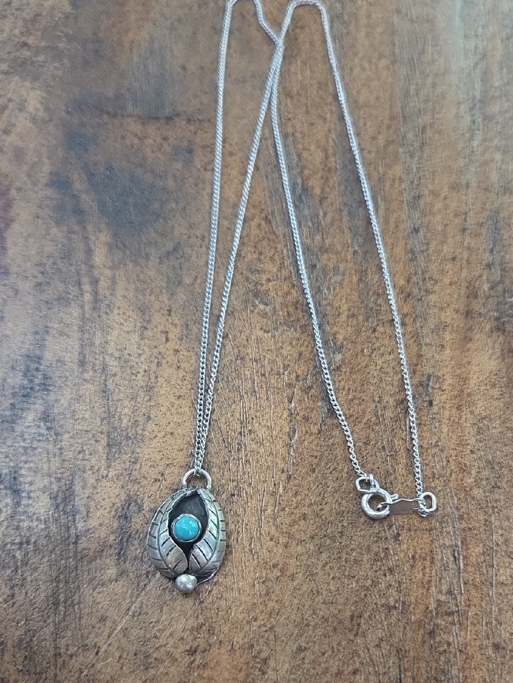 Sterling Silver Leaf Pendant Necklace with Turquoise Stone